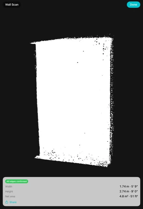 A wall measured with DeltaTapeless, showing the captured dimensions from a LiDAR scan.